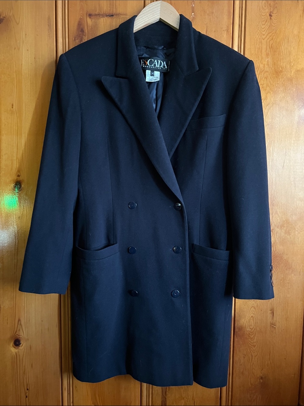 Vintage 80s Escada Navy Wool and Cashmere Blend Double Breasted Coat